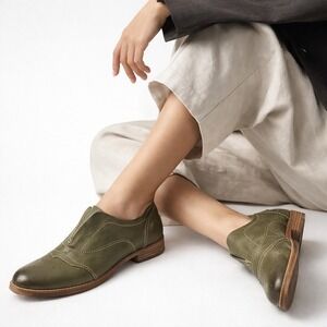 Blackstone HL55 Olive Green Leather Brogue Oxford Flats Women EU 40 Minimalist